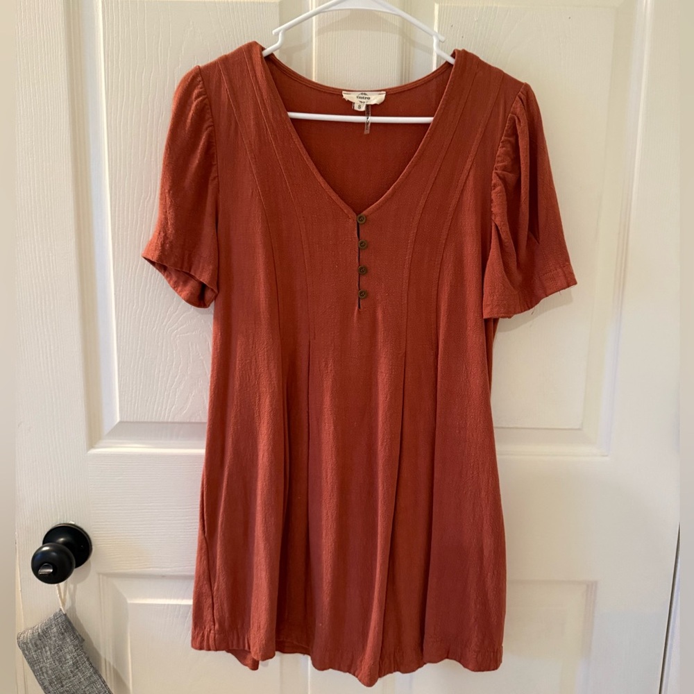 Rust Orange V-Neck Dress with Button Detail